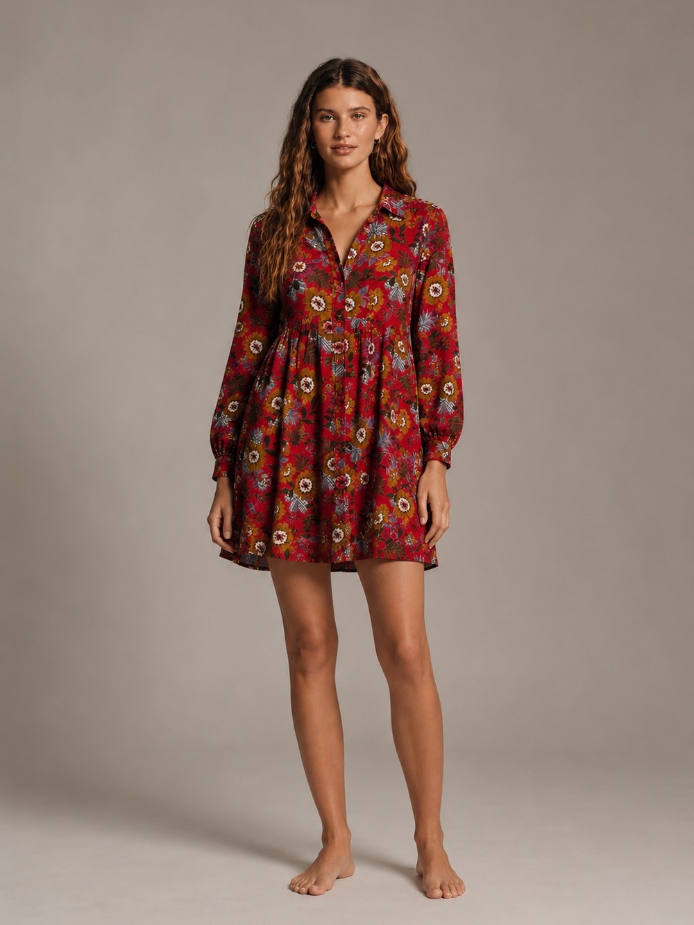 Molly Bracken Red Floral Button-Front Mini Dress with Long Sleeves